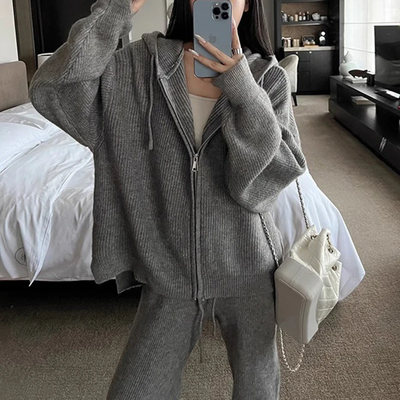 Spring Autumn Knit Casual Suit Women Hooded Zipper Sweater Coat+high Waist Drawstring Wide Leg Pants Female Winter Two Piece Set