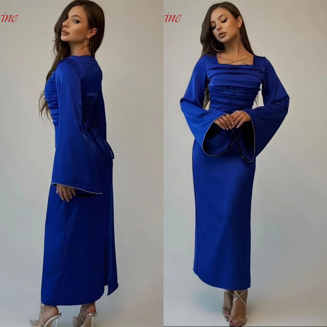 Customized Elegant Red Square Collar Off the Shoulder Eveing Dress High QualitySatin Long Sleeves A-line Prom Dresses For Women