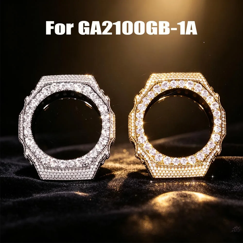 Luxury Full Iced Out Moissanit Watch Case For GA2100GB-1A 18K Gold Plated Bling Copper Hip Hop Replacement Watch Accessory
