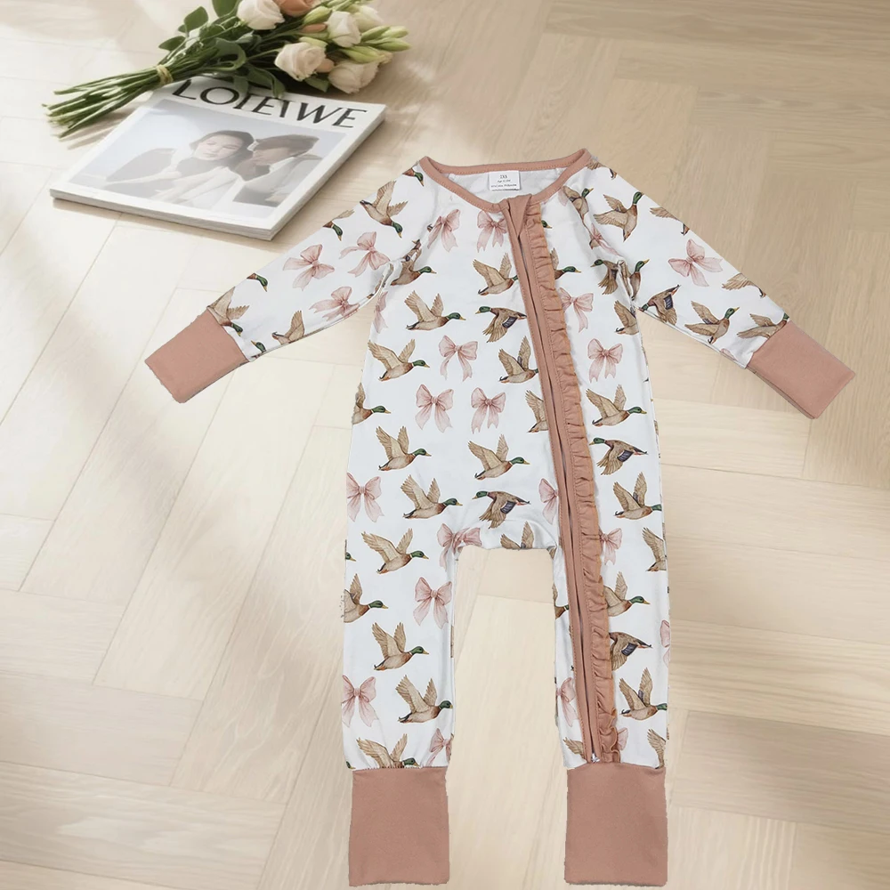 

10.3 Baby Girls Winter Rompers Baby Girls Ducks Bows Plaid Ruffle Zipper Footie Rompers