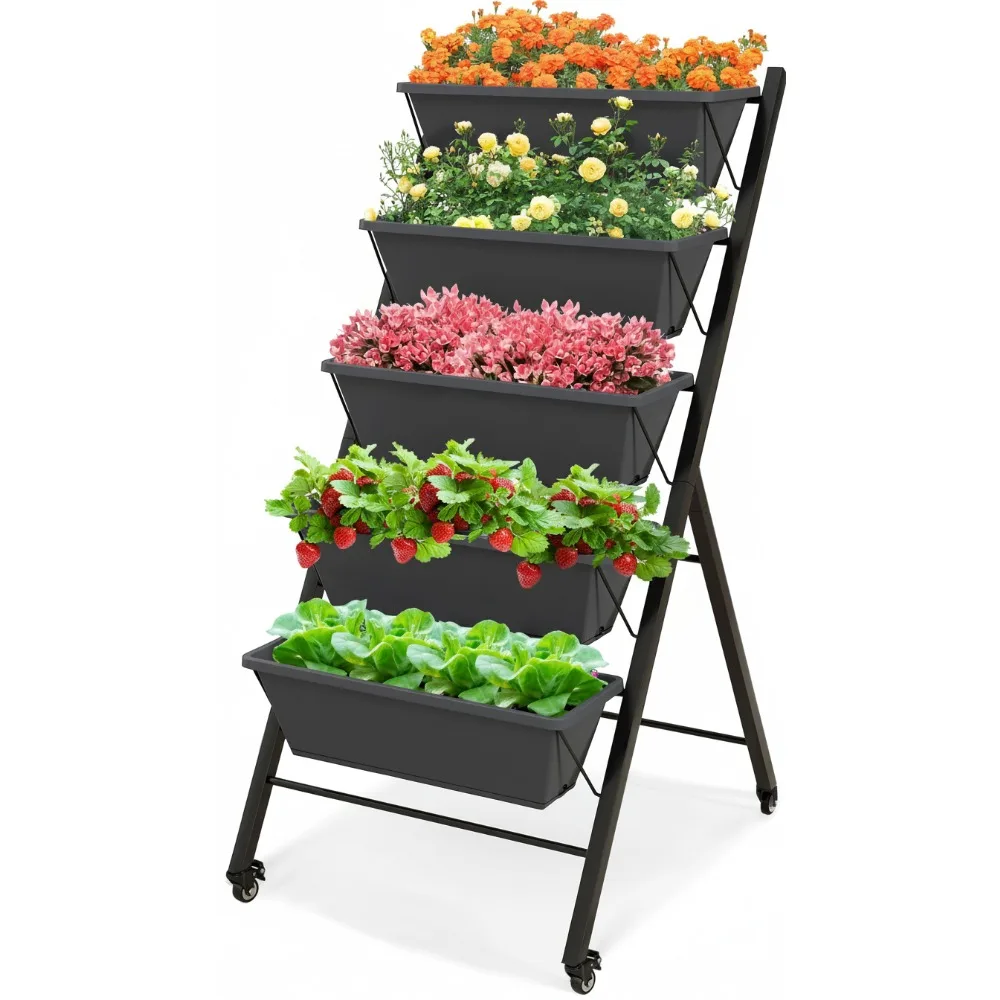 

Vertical Raised Garden Bed on Wheels, 5-Tier Elevated Planter with Drainage, Mobile Plant Box for Vegetables Flowers Patio