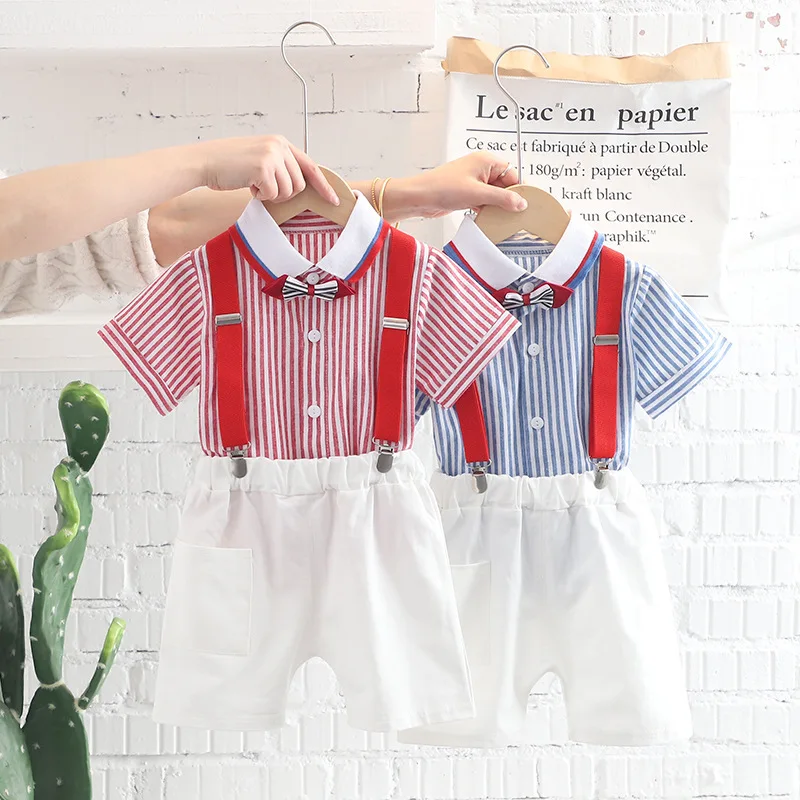 Boys' Summer New Handsome Striped Collar Wedding Flower Boy Gentlemen's Shirt Top Strap Shorts Two Piece Set for 1-3 Years