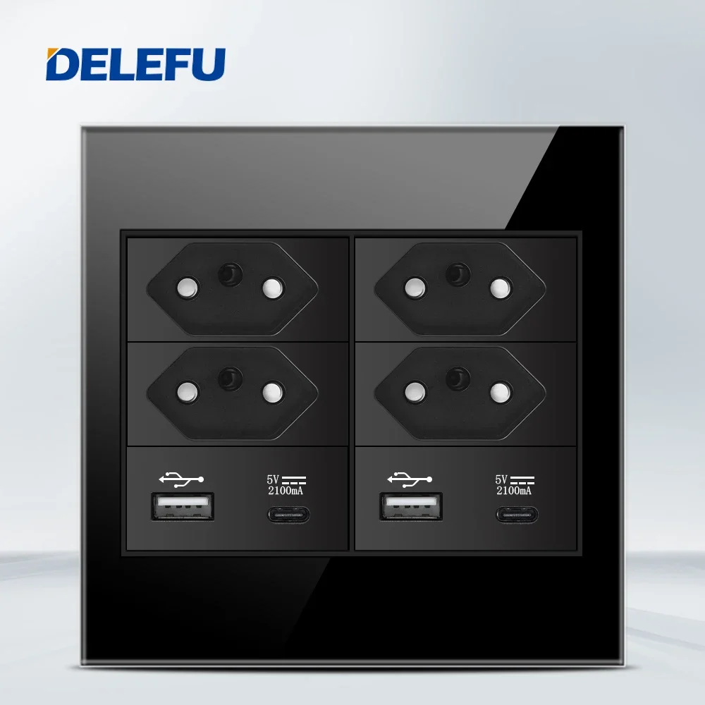 DELEFU 4x4 Fireproof Glass Panel Brazil Standard Outlet Double USB Type C Wall Power Socket Light Switch Office Black 10A 20A