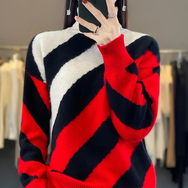 High apel Cashmere Sweater ForWomen 100% Pure Wool Thick Winter   Diagonal  Stripe Fashion  Warm Pullover 2023 New