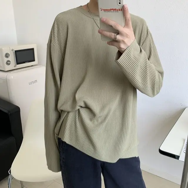 

Autumn Pleated T-shirt for Men Solid Color Long Sleeves T Shirt Round Neck Ribbed Shirt Outwear Blouse Shirt