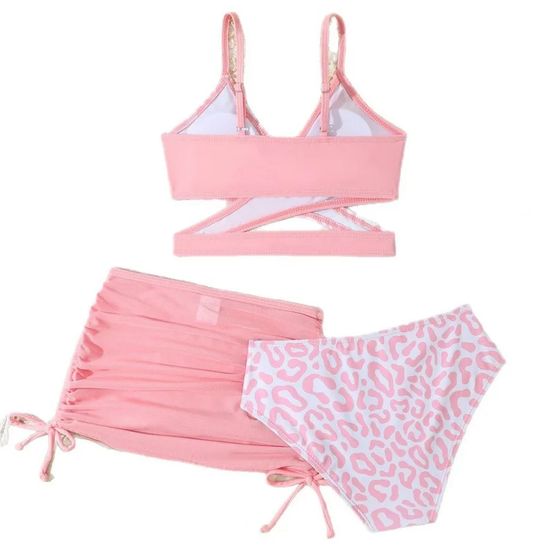 Ragazze 3pack Rosa Leopardo Croce Wrap Vita alta Bikini Gonna da spiaggia Costume da bagno per bambini 7-12 anni Costume da bagno per bambini Costume da bagno Ragazza