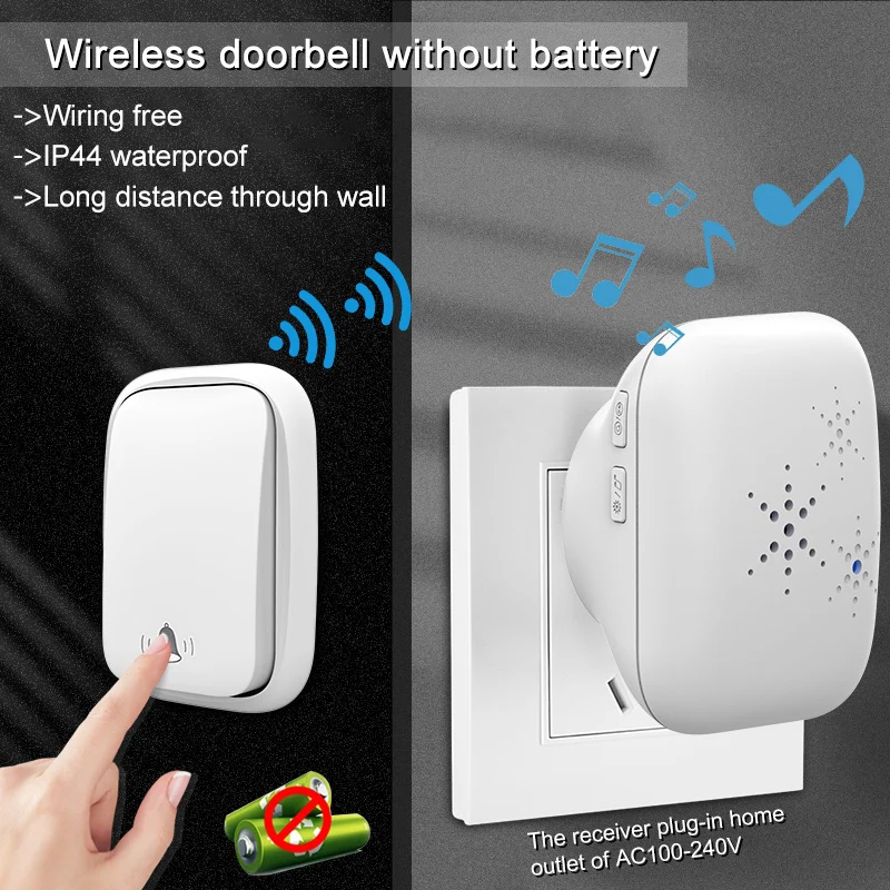 RF433MHz No Battery Homehold Wireless Self-Powered Waterproof Door Bell 150M Range Large Volume Remote Control Kinetic Doorbell