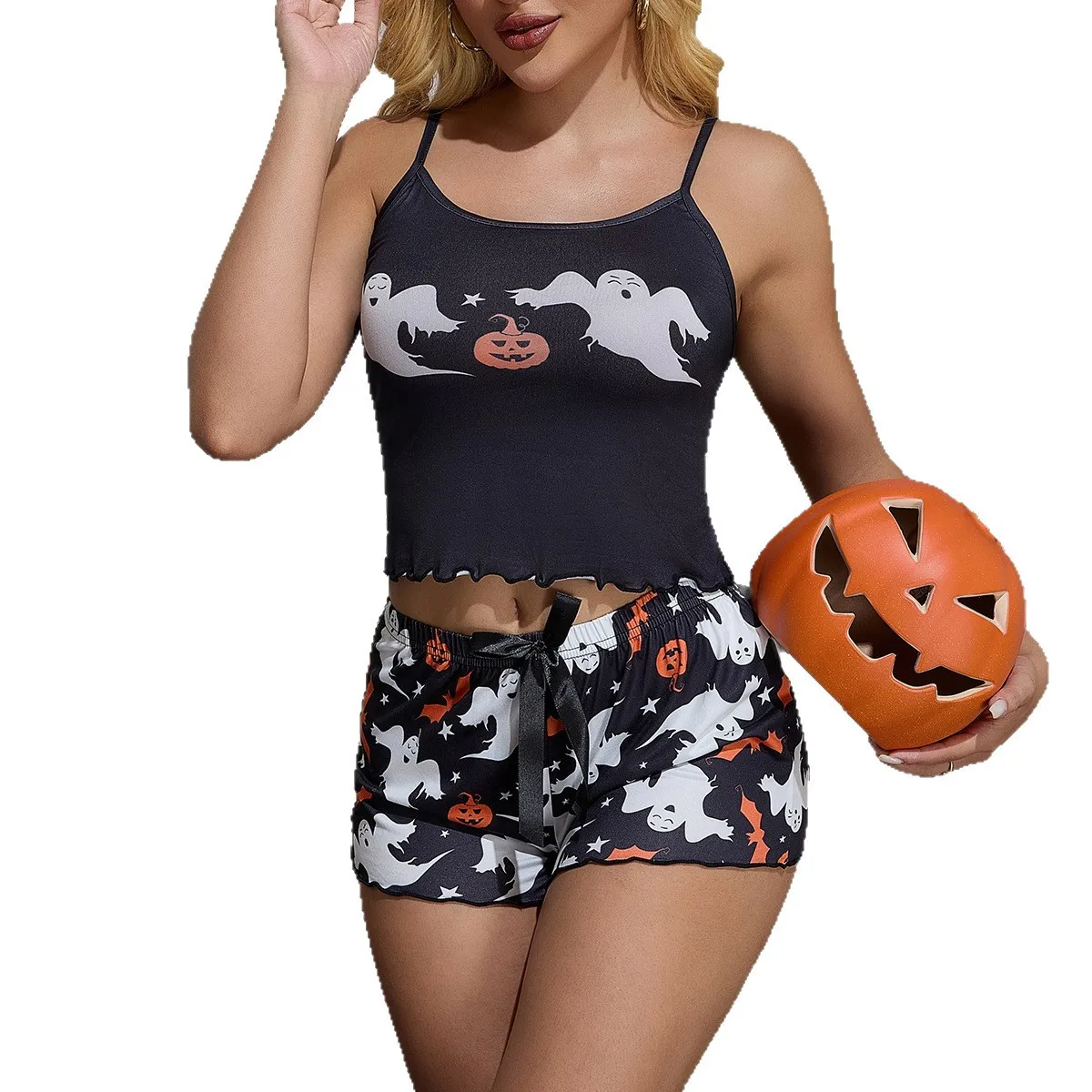Krismile Halloween Women's Pajama Sets 2025 Summer New Short Tops Pumpkin Shorts Breathable Funny Female Pijama Suit W32401