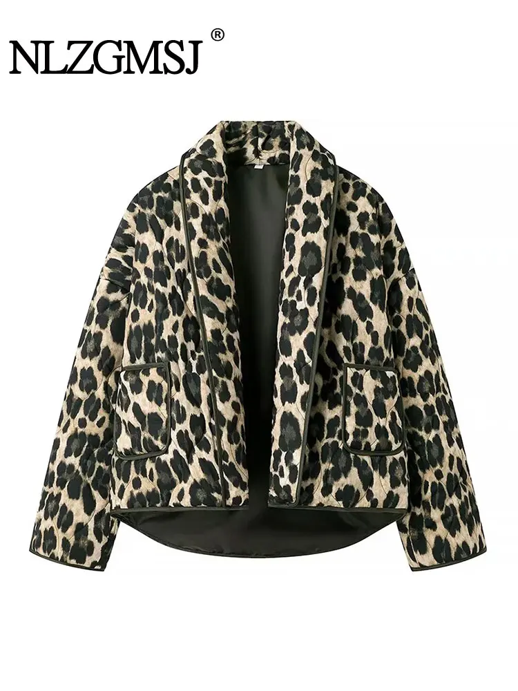 

Nlzgmsj TRAF Vintage Leopard Printed Jackets For Women 2024 Spring Cropped Coat Woman Chic Jacket Streetwear Outerwear