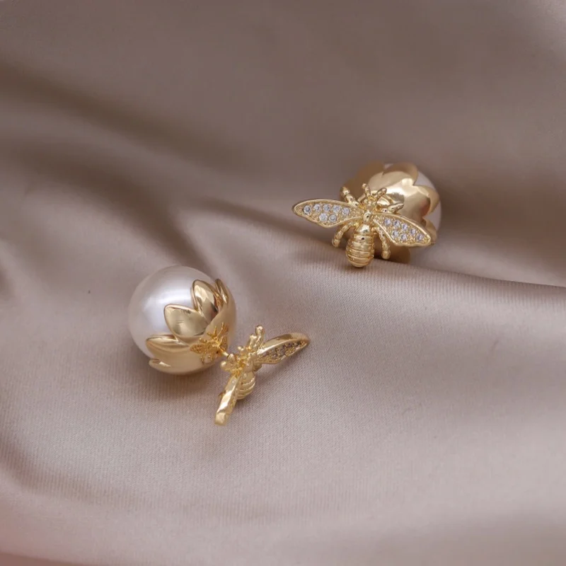 South Korea new design fashion jewelry 14K gold plated bee zircon pearl earrings elegant women's daily work accessories