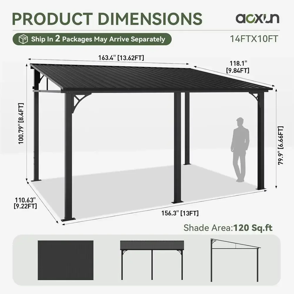 10' x 14' Lean-to Hardtop Pergola with Sloping Steel Roof for Outdoor Patios and Decks (Black)