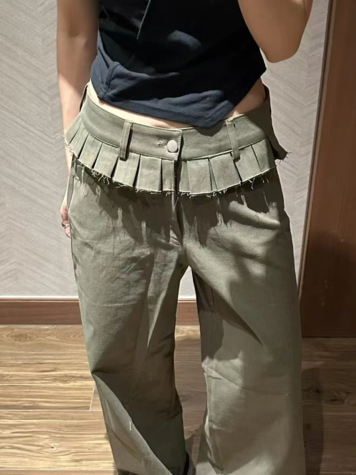 

Korean Sle High Waist Casual Pants Women's Faionable Midi Length Fake Two-Piece Design Sensation Wide Leg Trousers