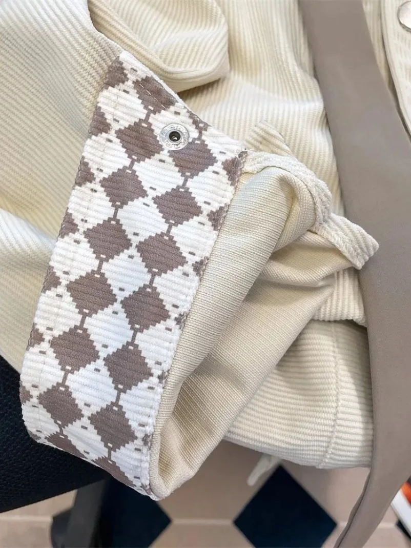 ใหม่ Retro Corduroy Tie เสื้อผู้หญิงลําลอง Oversize Preppy สไตล์เสื้อหลวมแขนยาวลายสก๊อต Patchwork Bf ออกแบบเสื้อฤดูใบไม้ผลิ