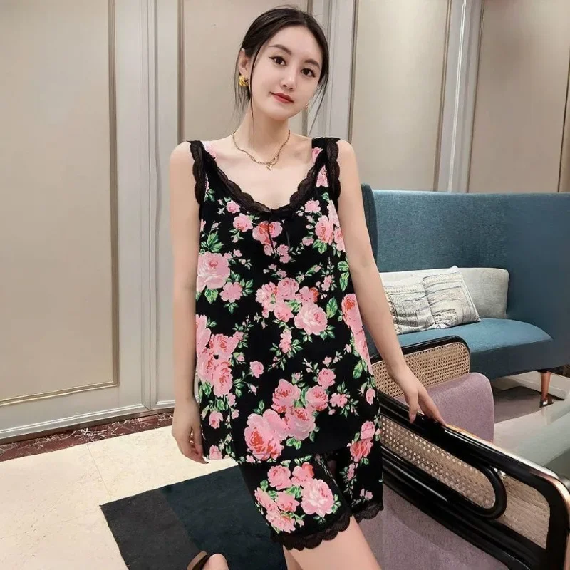 New Style Printing Suspenders Shorts Set Fashion Juvenility Thin Large Size Loungewear Comfort in Vogue Pajamas Ms. Summertime