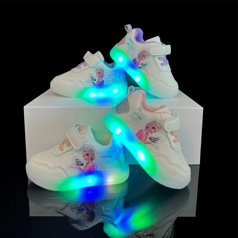 Sepatu LED kasual kulit Disney, sepatu kulit Disney 2024, sepatu LED kasual, sepatu Putri Aisha, sepatu bercahaya Low-top, usia 1-5 Tahun C