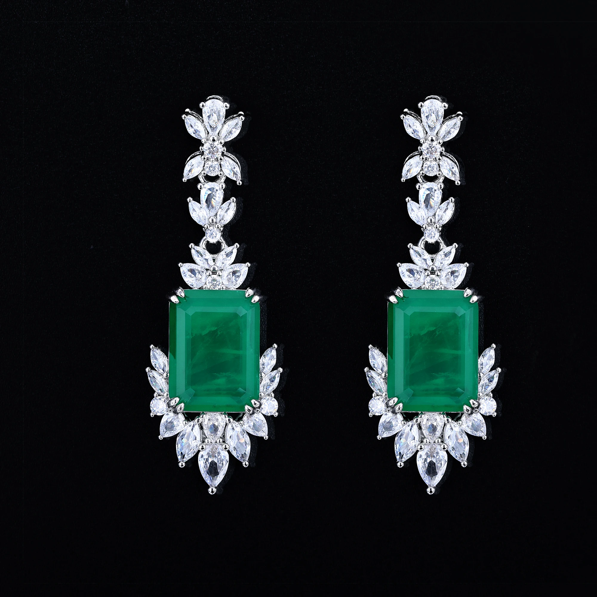 

High Quality Emerald Green Square Pendant Necklace Micro Pave CZ White Gold Plated Fashion Wedding Party Earrings