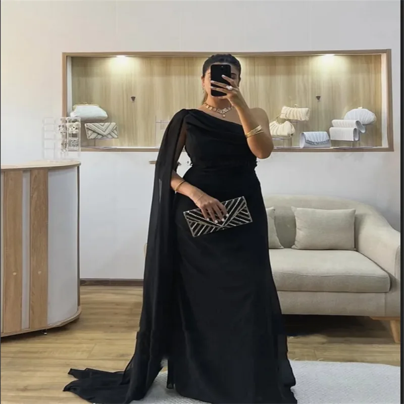 

Arabic Elegant Evening Dress One Shoulder Black Customized Chiffon Pleats Black Floor Length A-Line Prom Wedding Party Gown