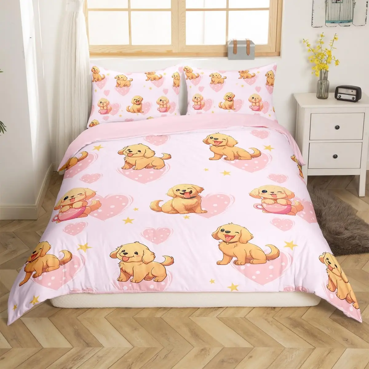 Puppy Dog Duvet Cover Queen King,Cartoon Animal Bedding Set for Kids Boys Girl,Microfiber Watercolor Pink Love Heart Quilt Cover