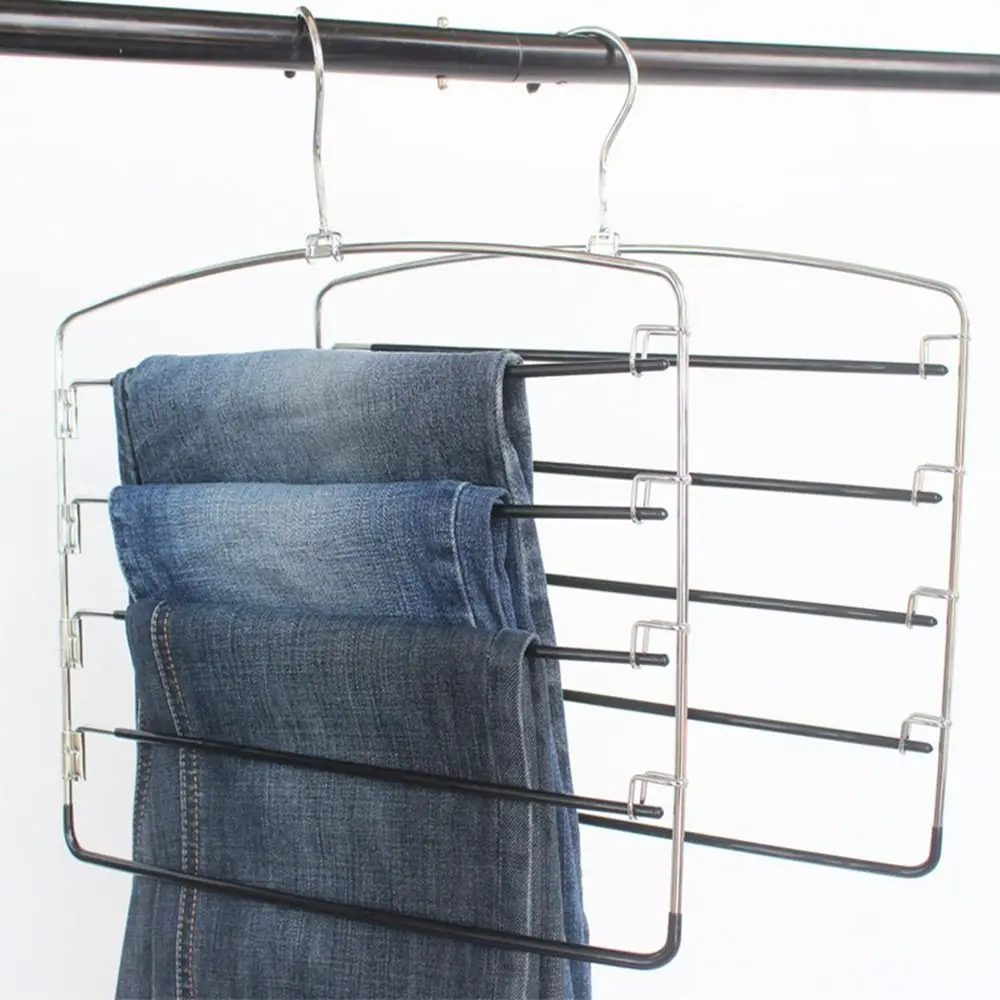 Metal Multi-Layer Trousers Hanger Moveable Hanging Pants Storage Holder Space Saving Reusable 5 Layer Trousers Rack Tie