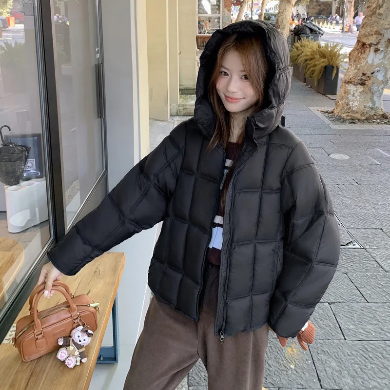 レディースゆったりフード付きダウンコットンコート冬韓国ファッションチェック柄キルティングジャケット怠惰なスタイル軽量パフィーブレッドジャケット