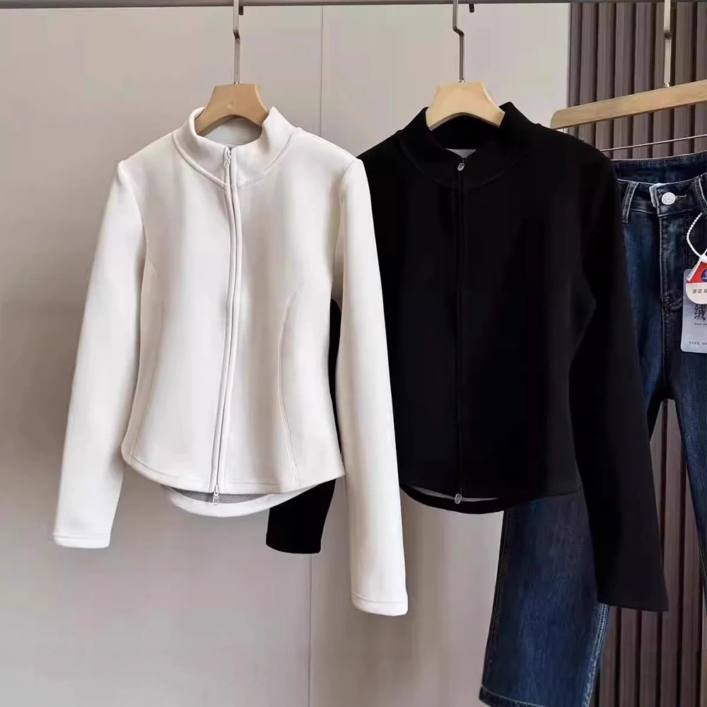 

Повседневные женские теплые толстовки, осенне-зимние бархатные куртки с двойной молнией и воротником-стойкой, тонкие базовые пальто, верхняя одежда, новинка 2023 года