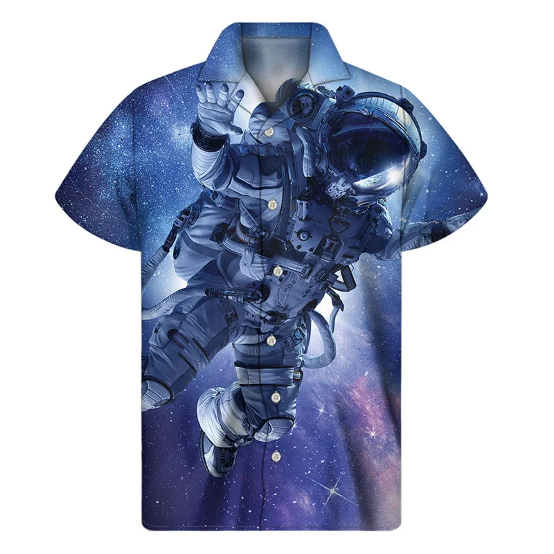 Fashion Astronaut Space Hawaiian Shirts For Men 3D Print Spaceman Lapel Shirt Street Loose Button Tees Short Sleeves Blouse