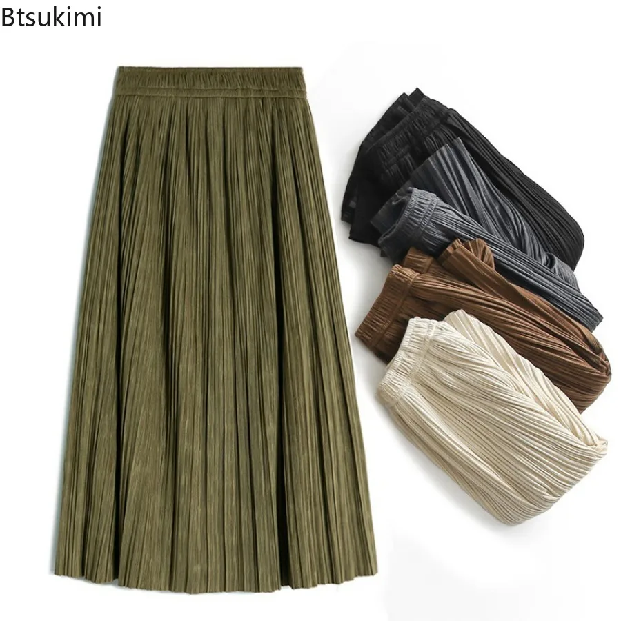 

New2024 Women's Warm Velvet Pleated Skirts Solid Elegant Streetwear Simple A-Line Long Skirt Women High Waist Midi Skirts Female
