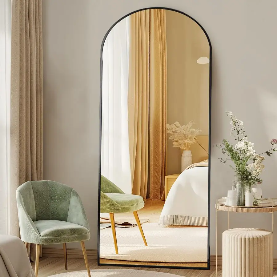 

Arched Full Length Mirror with Stand 64x21 Floor Standing Aluminum Frame for Bedroom Body Hanging Leaning Modern Simple Home Dec