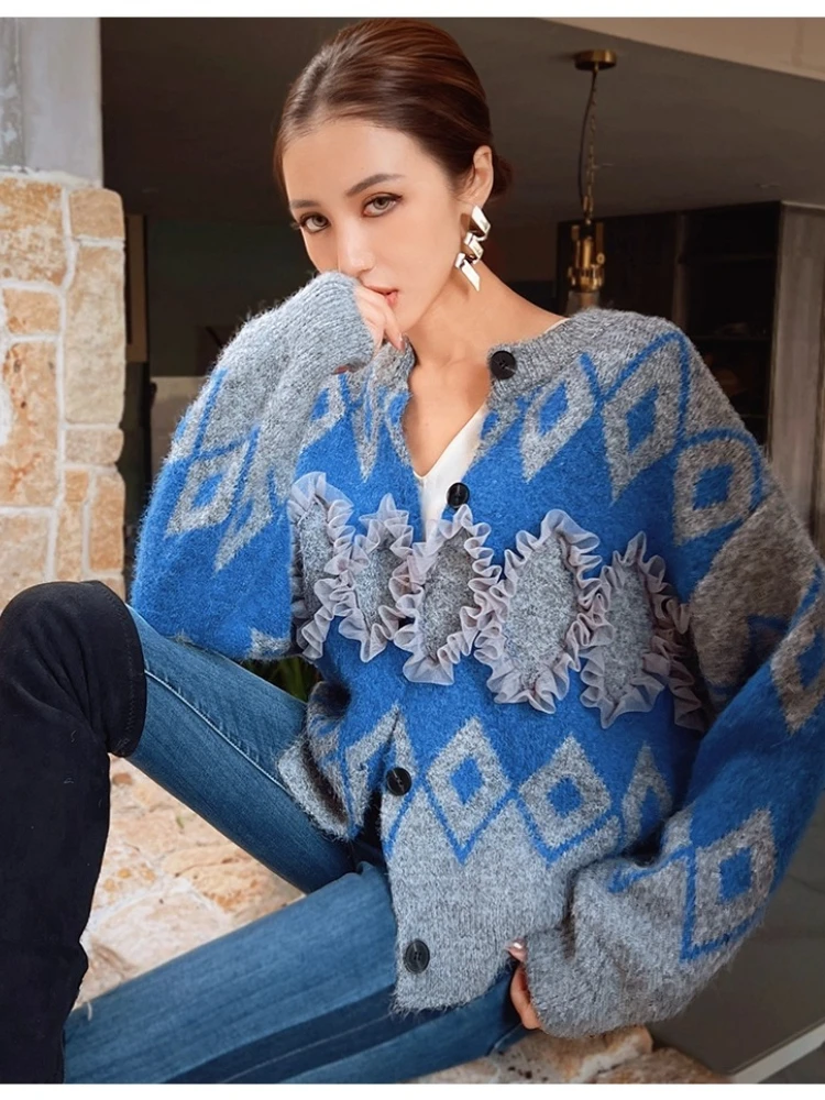 Elegancki francuski kardigan damski z dzianiny z niebieskimi kwiatami 3D, luźny, uniwersalny, swobodny sweter z długim rękawem, kurtka damska.