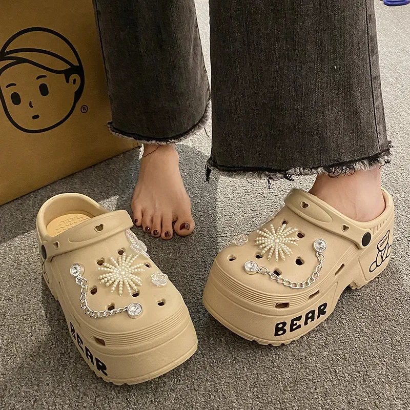 Women Slippers Cute Cartoon Platform Fashion Clogs Summer Shoes Woman Beach Slides Thick Bottom DIY Flower Female Street Sandals