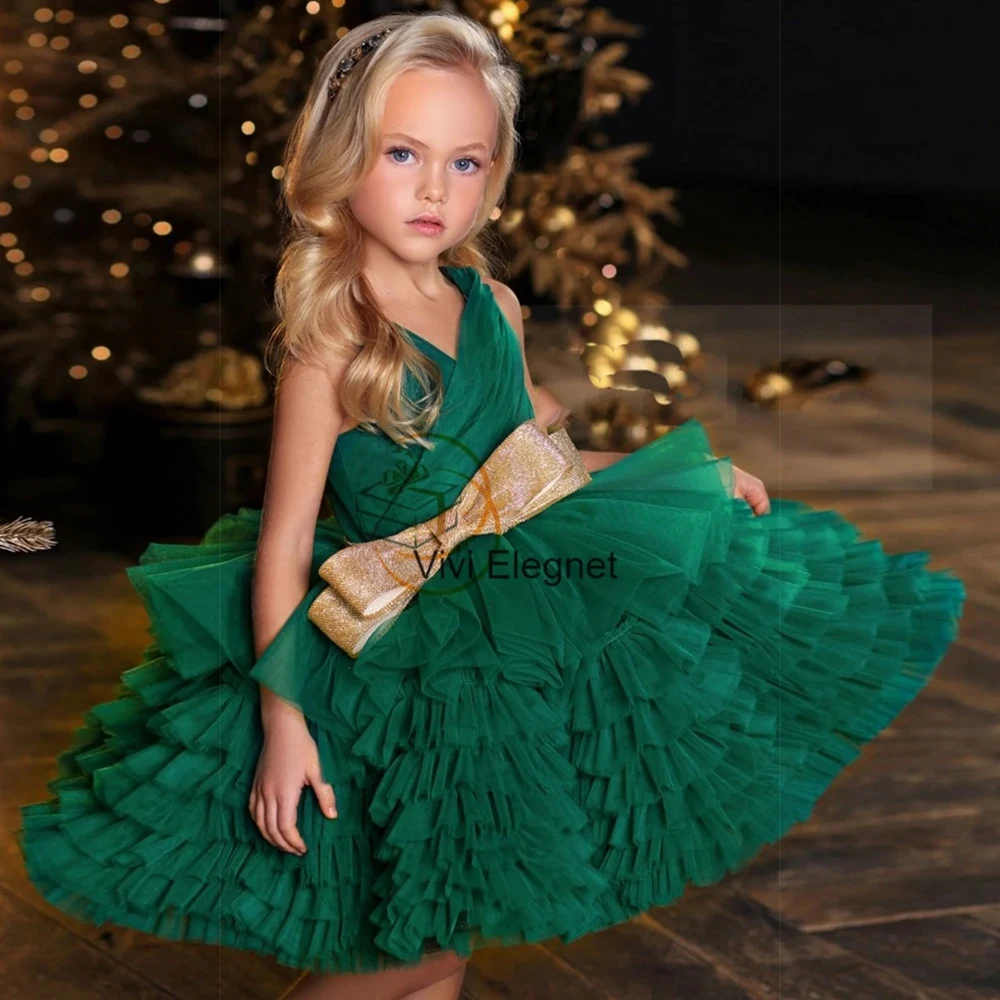 Green Strapless Flower Girls Dresses with Tiered 2024 Summer New Sleeveless Wedding Party Dresses with Bow فلور فتاة اللباس