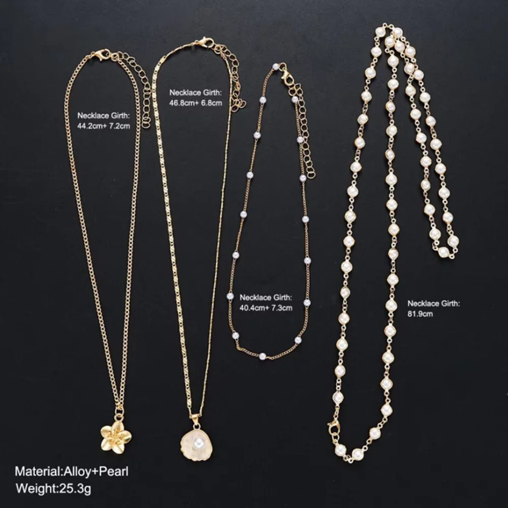 4 pcs/set Bohemian Women Flower Shell Tassel Pendant Necklace Jewelry Accessories Fashion Imitation Pearl Necklace Set For Women