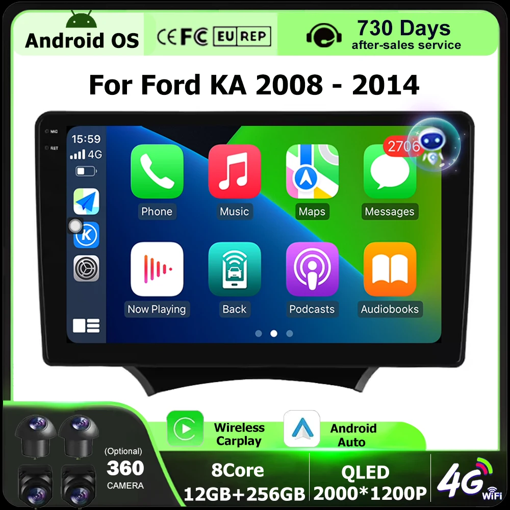 

Автомагнитола Android 16 для Ford KA 2008-2014, мультимедийный видеоплеер, GPS-навигация, QLED сенсорный экран, Carplay, DSP, камера 360°