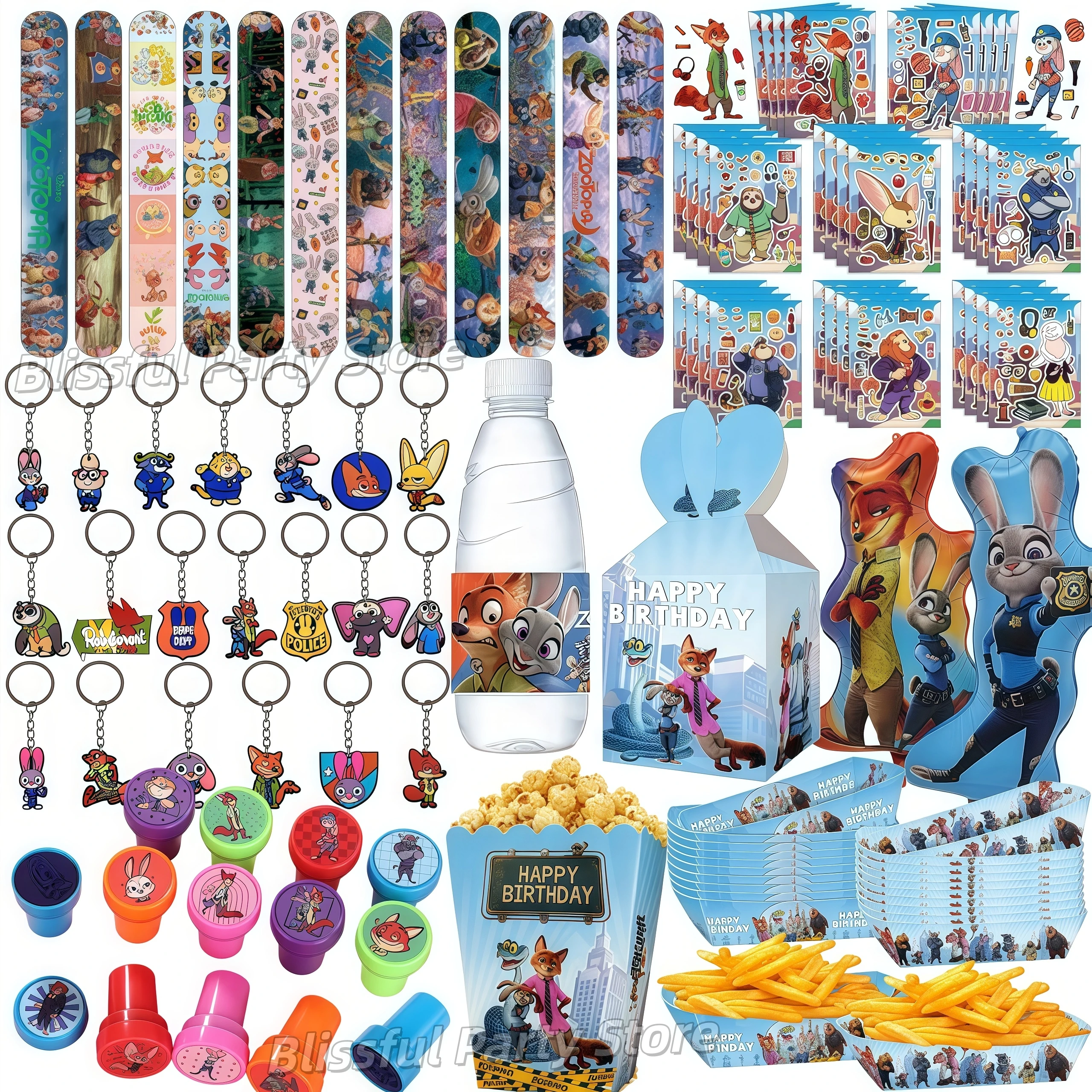 Zootopia – cadeaux de fête, Bracelets à gifle, porte-clés, timbre, boîte à pop-corn, remplissage de sacs cadeaux, décor d'anniversaire pour enfants, fournitures de réception-cadeau pour bébé, cadeaux