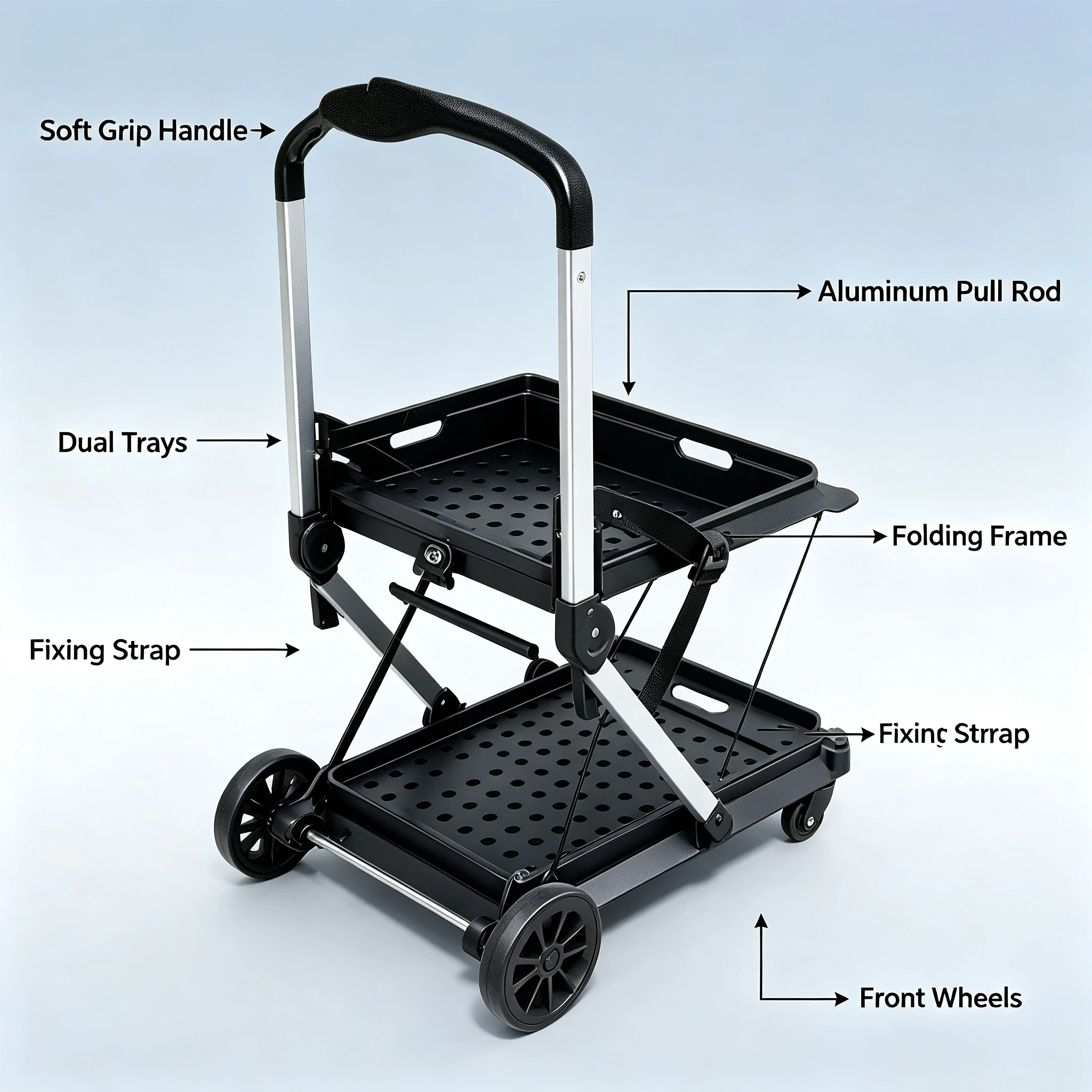Portable Double-layer Folding Trolley with Storage Box,Outdoor Camping, Shopping for Food on Foot,Multi-functional Pulling Goods