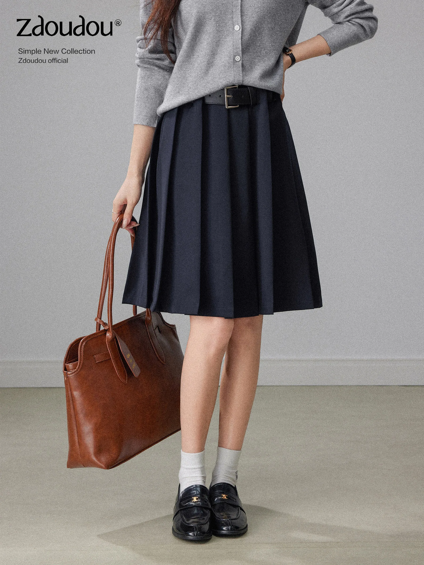 

Zhang Dou High Waist Midi Skirt Spring New Sle College Sle Casual Slim A-Line Pleated Skirt Women's Blue Color