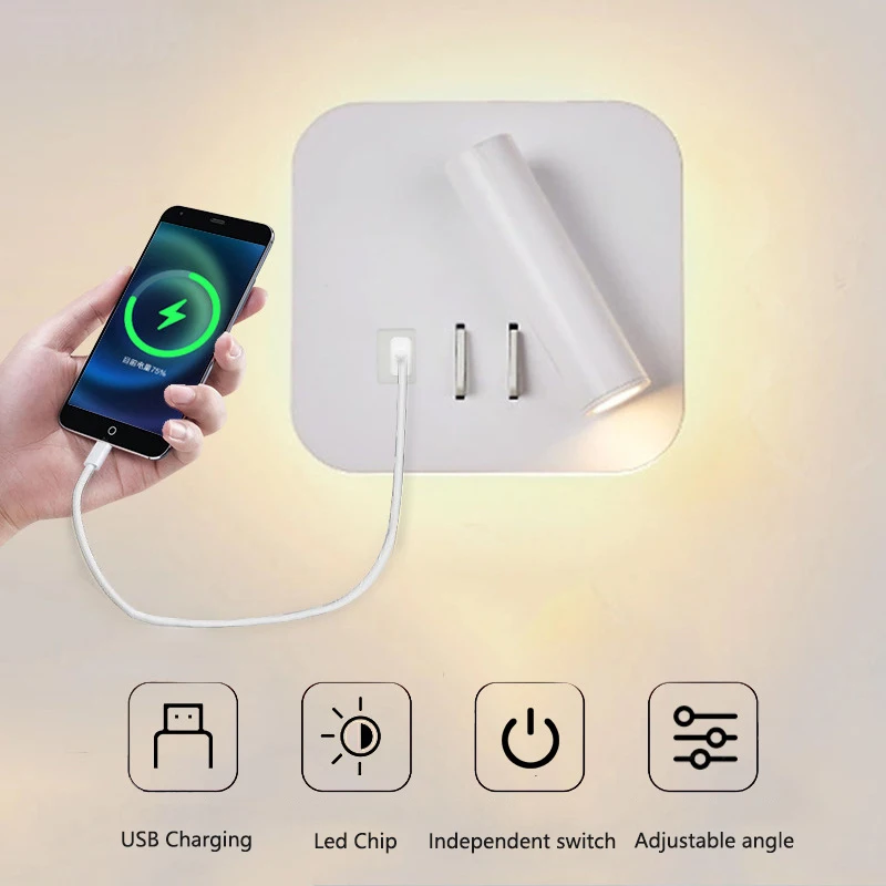 

USB Charging Port Wall Wash Light White Black Bed LED with Interior Wall Adjustable Spotlight Reading lamp Wall lamp Bedroom