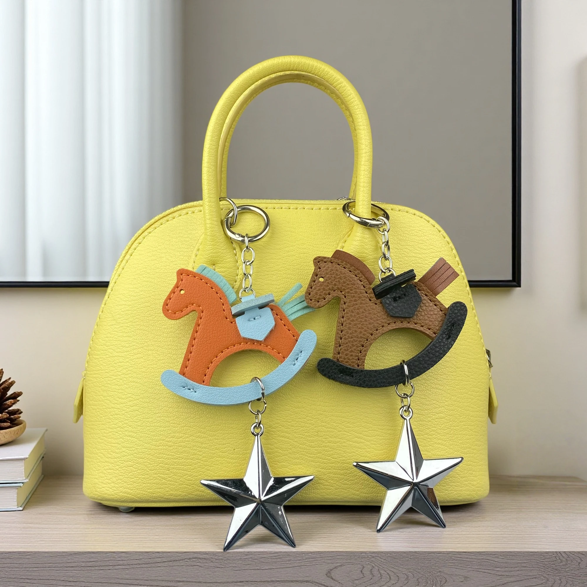 Cute Leather Horse Keychain Charm, Color-Block Rocking Horse Bag Pendant with Silver Star, Quirky Horse Accessory Keyring Gift