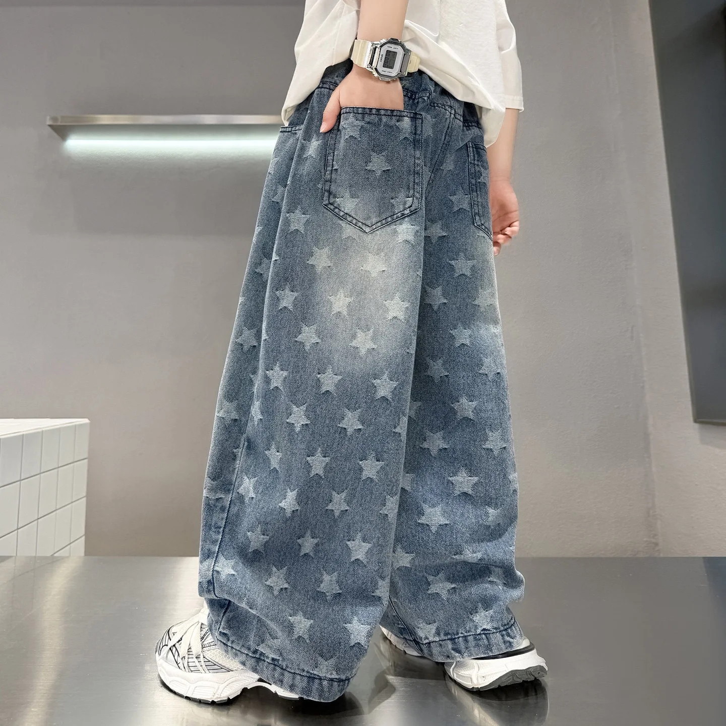 Teenager Boys Summer Baggy Jeans with Stars Pattern Kids Children Stylish Summer Denim Pants Age 7 8 9 10 11 12 13 14 15 16 Y