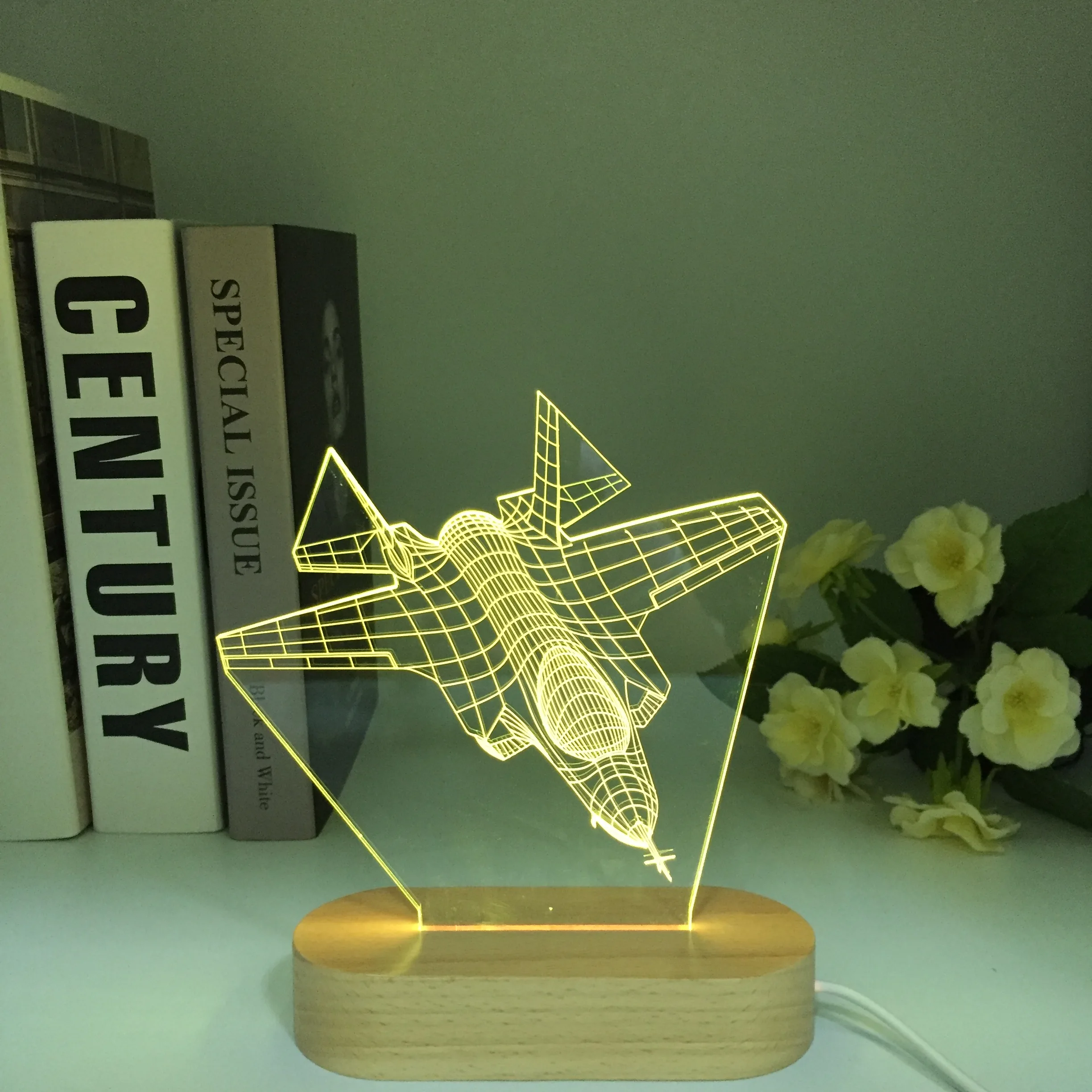 Wood War Plane Fighter LED 3D Night Lights Colorful Table lamp Multi Color Military Jet Plane Aircraft with USB Power Decor Gift