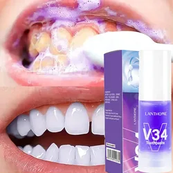 Pasta de dientes blanqueadora V34, elimina las manchas de placa, higiene bucal, herramientas de blanqueamiento Dental, aliento fresco, púrpura, cuidado Dental