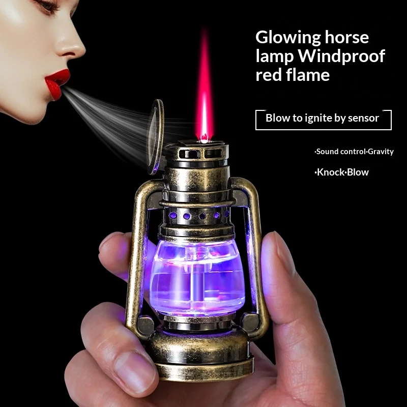 2026 Retro Kreative Scheunenlaterne Sprachgesteuertes Zündlicht Rote Flamme Butan-Gasfeuerzeug Transparentes Gasfenster USB-Feuerzeug