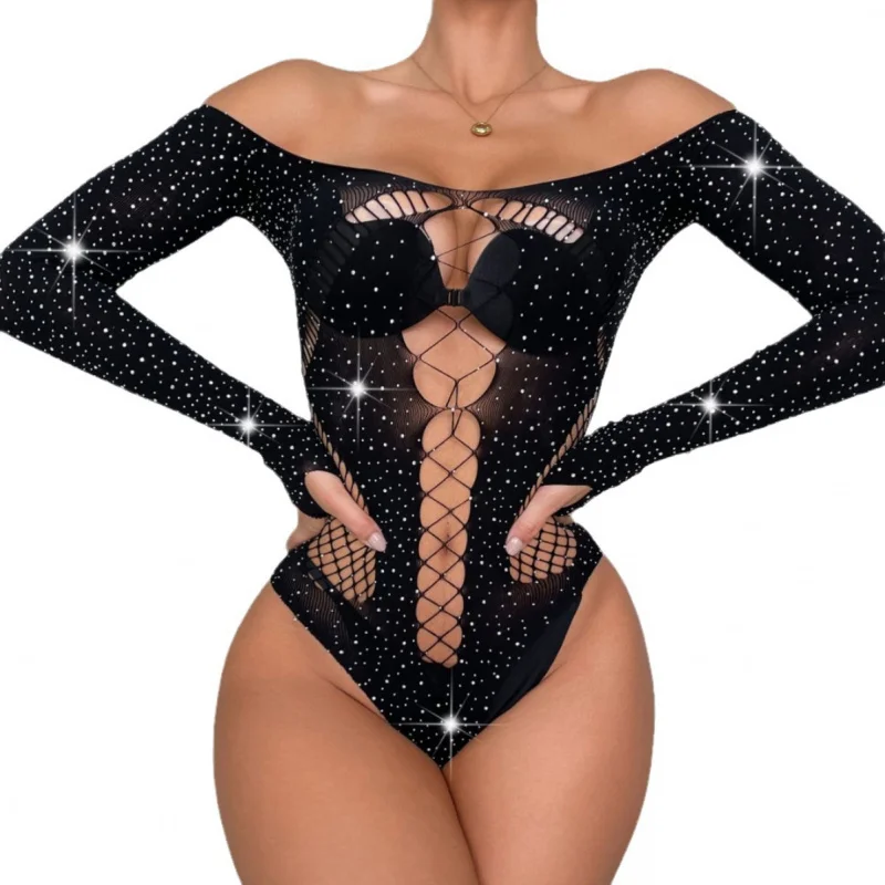 Cross Border Hot Sale plus Size Lady Sexy Lingerie Sexy Mesh Bodysuit High Elastic Semi-Transparent Rhinestone Bikini