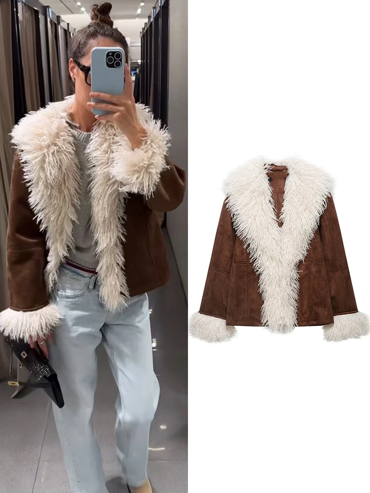 Winter Women Warm Coat Faux Fur Collar Patchwork Faux Suede Pocket Elegant Luxury Thickened Jacket Fashoin Vintage Streetwear