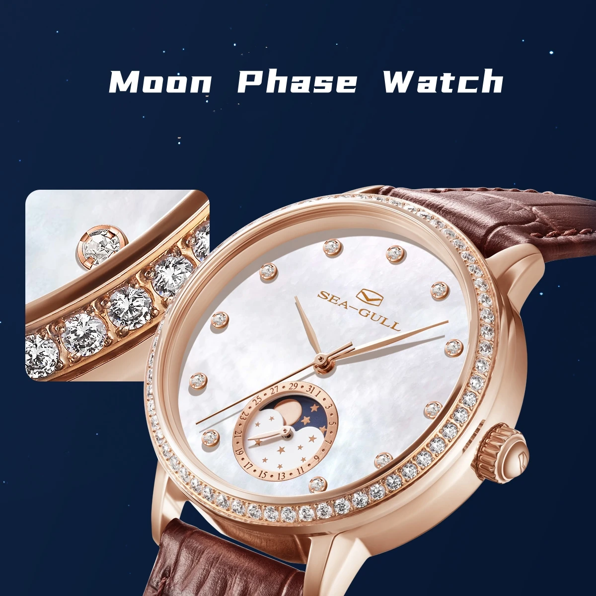 Seagull Women Watch Luxury Diamond Automaic Mechanical Watches Ladies Elegant Skeleton Dress Watch Moon Phase Wristwatch 1136L