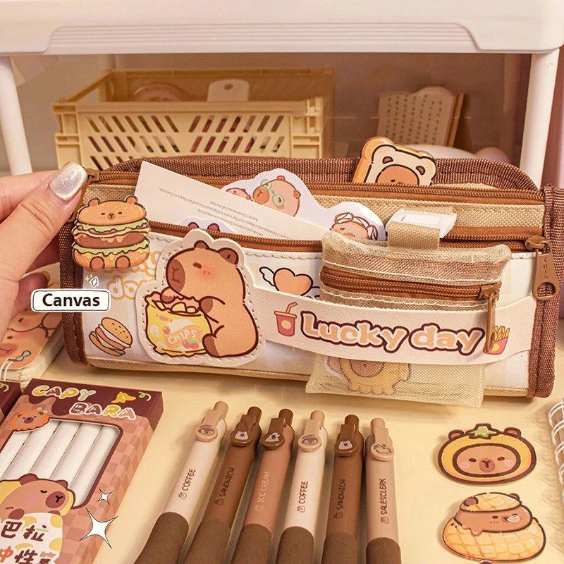 Capybara Multi-Layer Large Capacity Pencil Bag Cute Cartoon Pencil Case Stationery Organizer Storage Bag For Students Gift