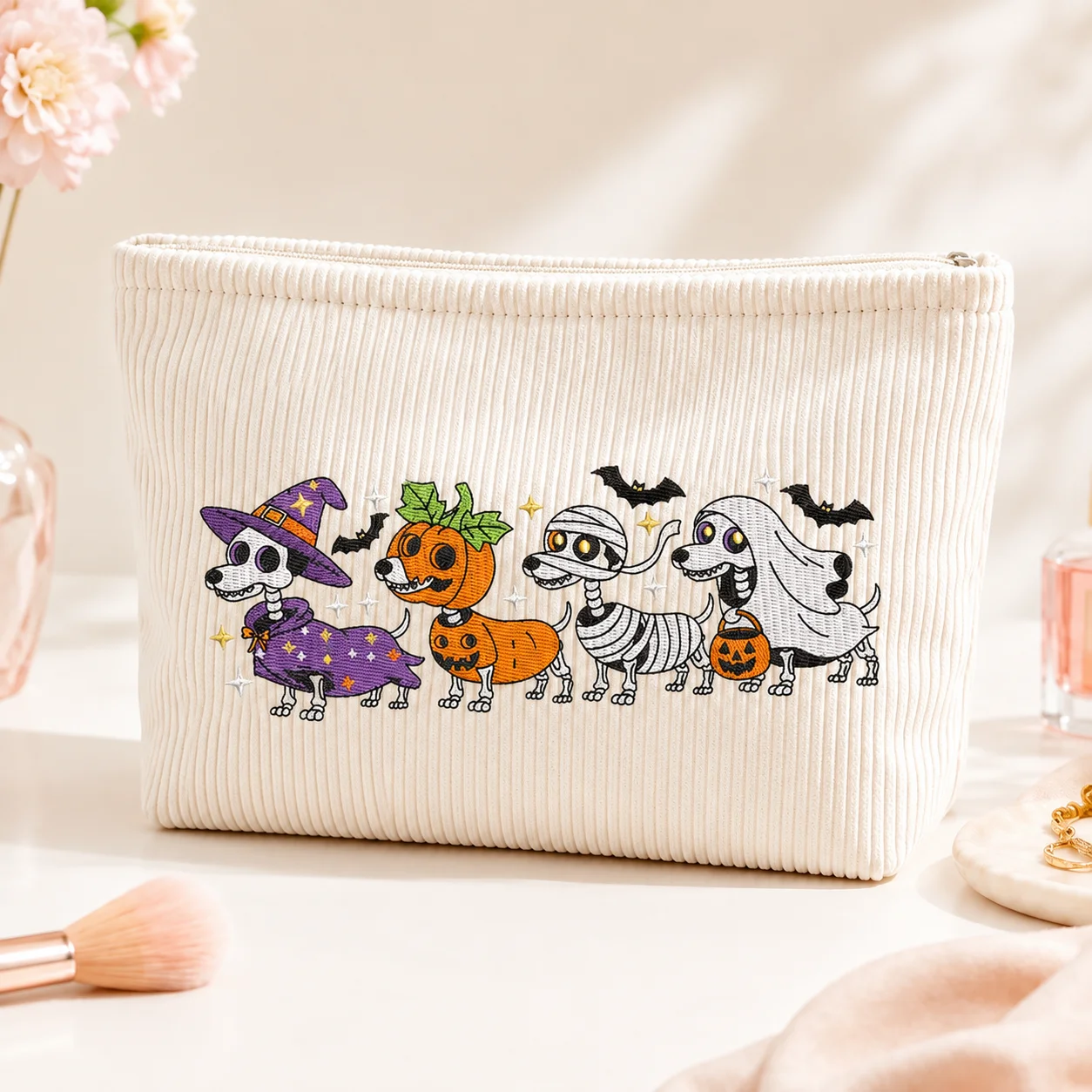 Cosmetic Bag Halloween Embroidered Corduroy Makeup Bag Large Capacity Zipper Toiletry Organizer for Women Travel Beauty Storage