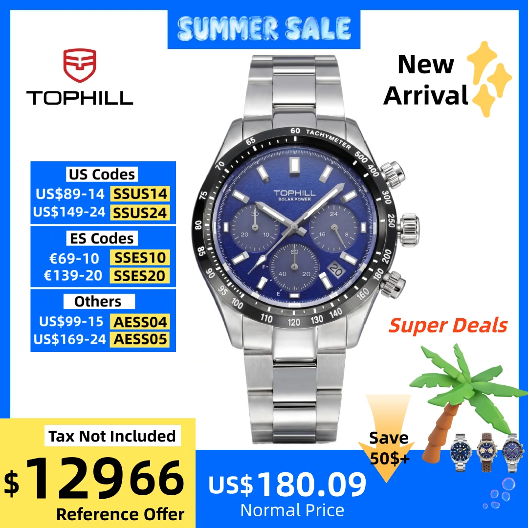 TOPHILL 42mm VR42B Solar-Powered Chronograph Quartz Watch For Men 4.5H Date Window Sapphire C3 Green Luminous 5Bar TL029G