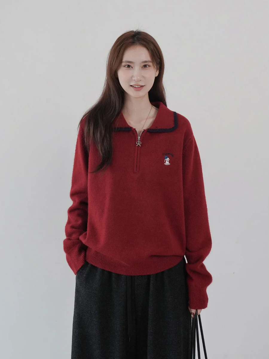 

Повседневный свитер свободного кроя с принтом собак и воротником на молнии для женщин, осенне-зимняя новинка, модный студенческий стиль