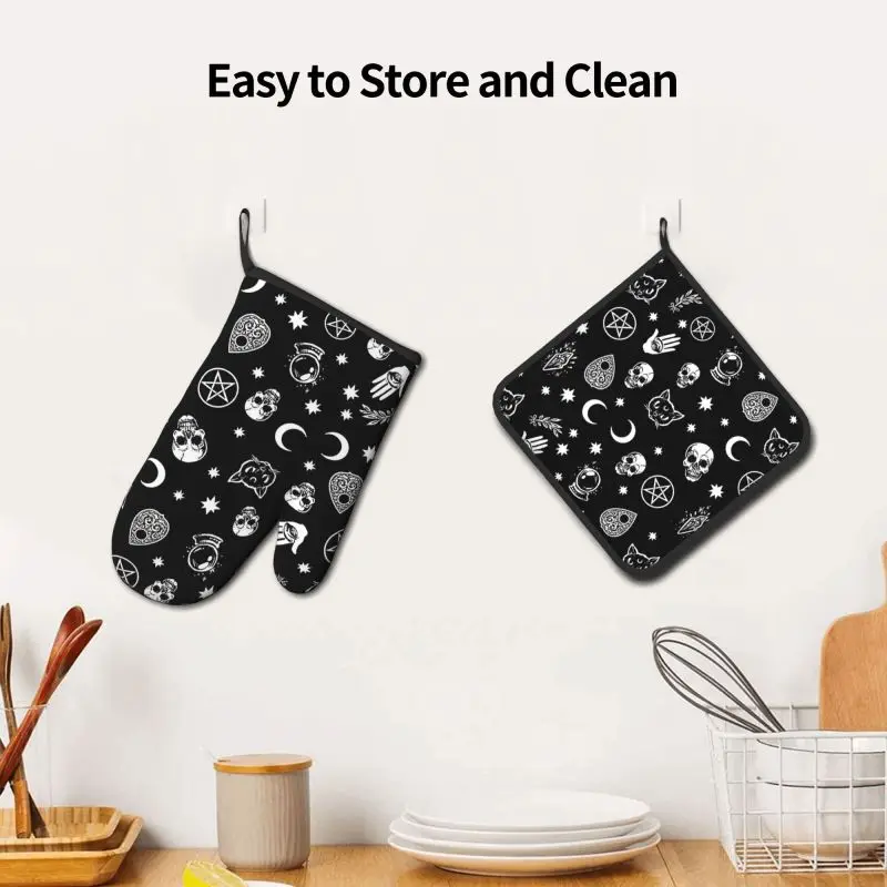 Skull Cat Moon Gothic Oven Mitts and Pot Holders Sets,Heat Resistant Non Slip Kitchen Gloves Hot Pads with Inner Cotton Layer